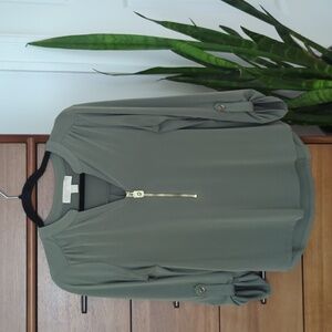 Olive Green Michael Kors Gold Zipper Blouse